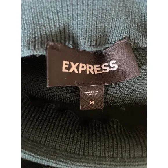 Express Dark Green Mock Neck Balloon Sleeve Knit Mini Sweater Dress Size Medium - Picture 5 of 9